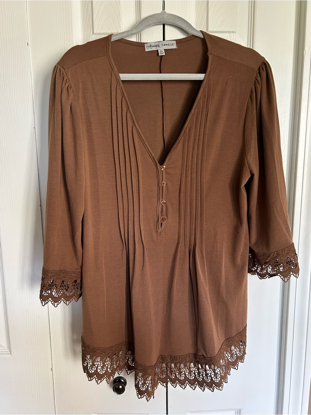 Absolutely Famous Brown Crochet-Trim V-Neck Women's Top